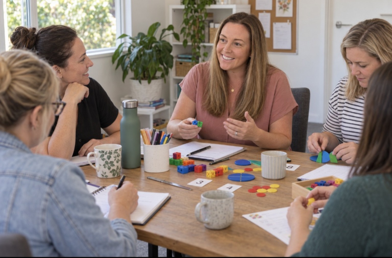 Adults exploring mathematics with dice, cards and concrete materials